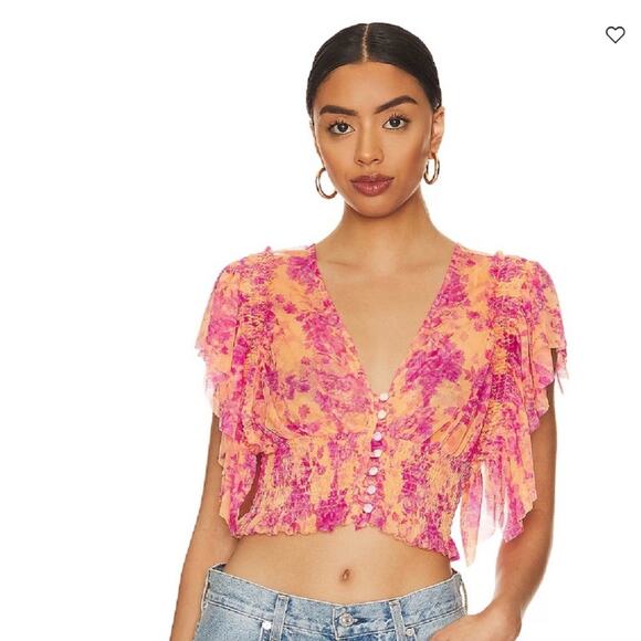 Free People Tops - Free People Sugar Top in Hot Tropics Floral Pink Orange Top Fairycore Button NWT